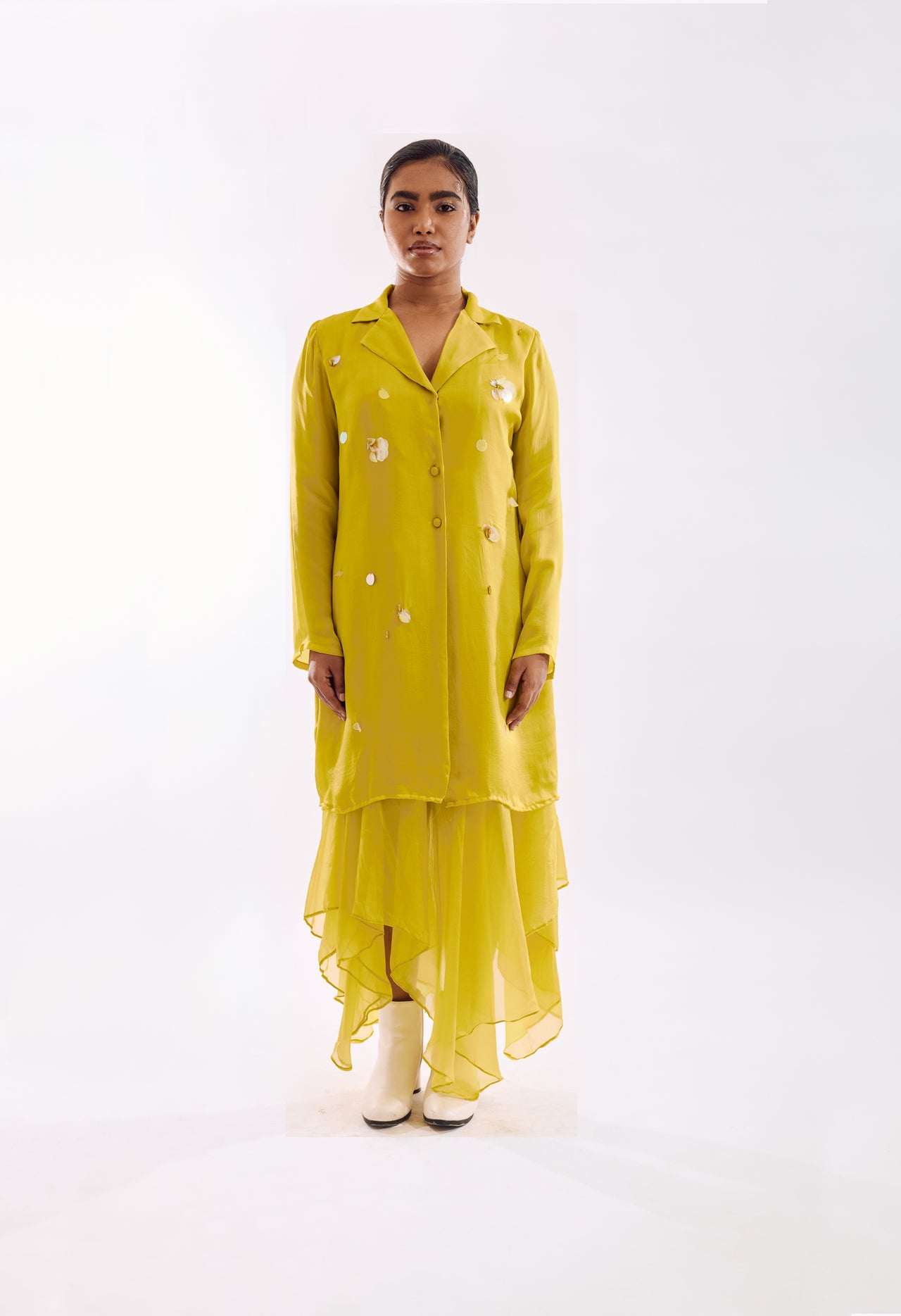 Organza Jacket Dress Set - Lime Yellow