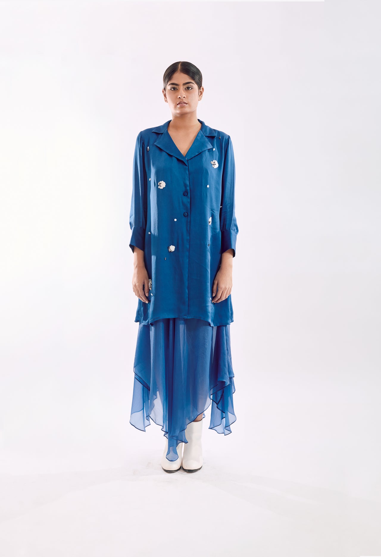 Organza Jacket Dress Set - Blue