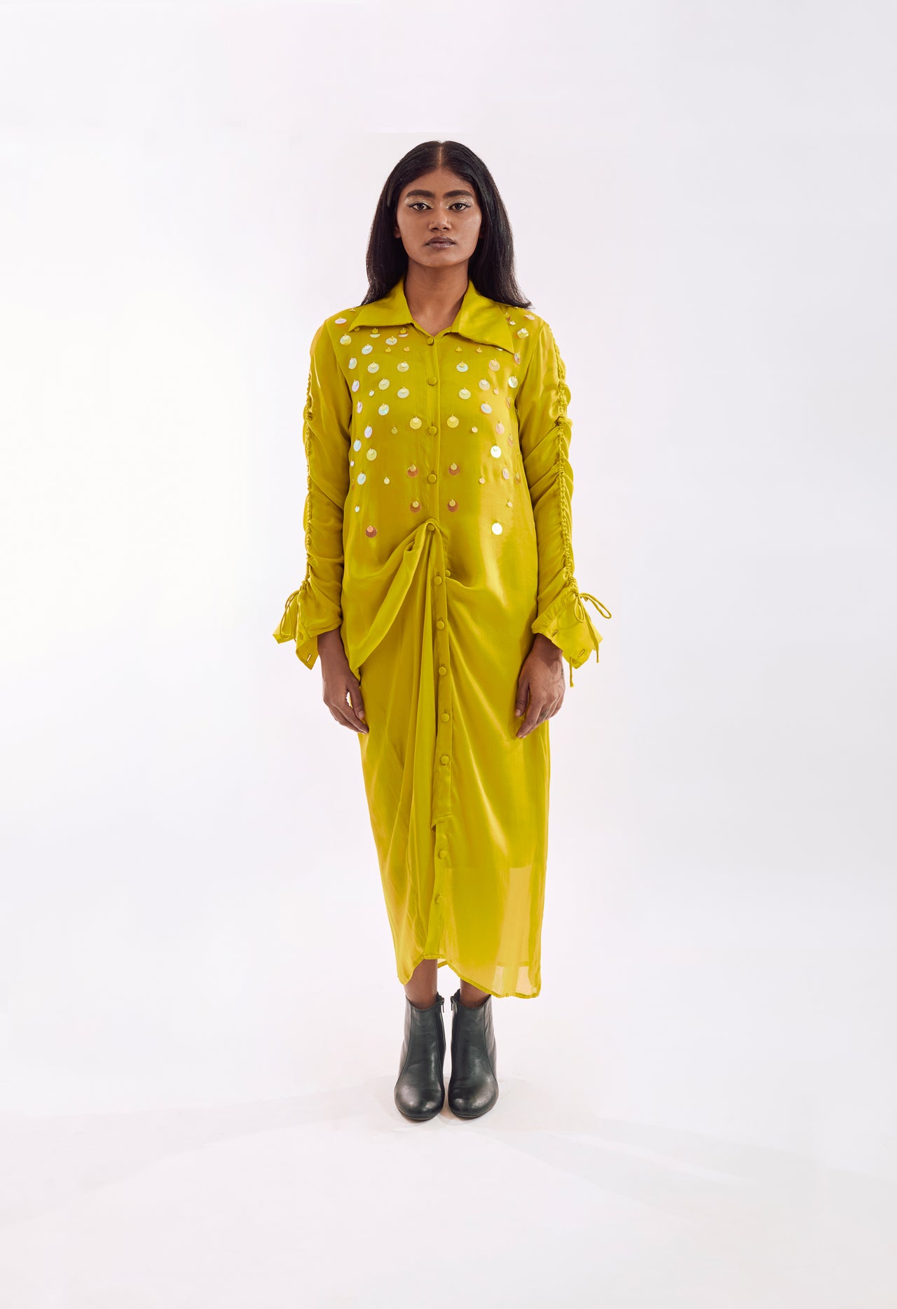 Draped Sequin Dress - Lime Yellow