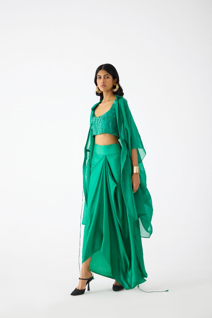 Emerald Sequin Blouse With Knot Skirt