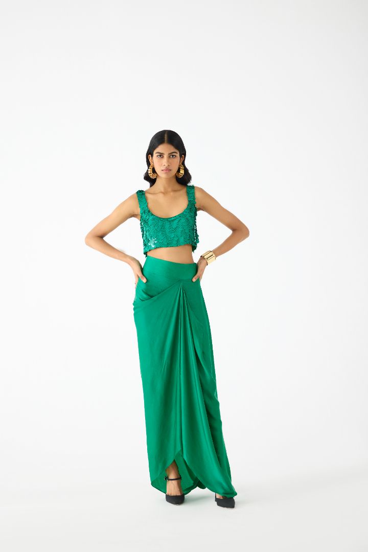 Emerald Sequin Blouse With Knot Skirt