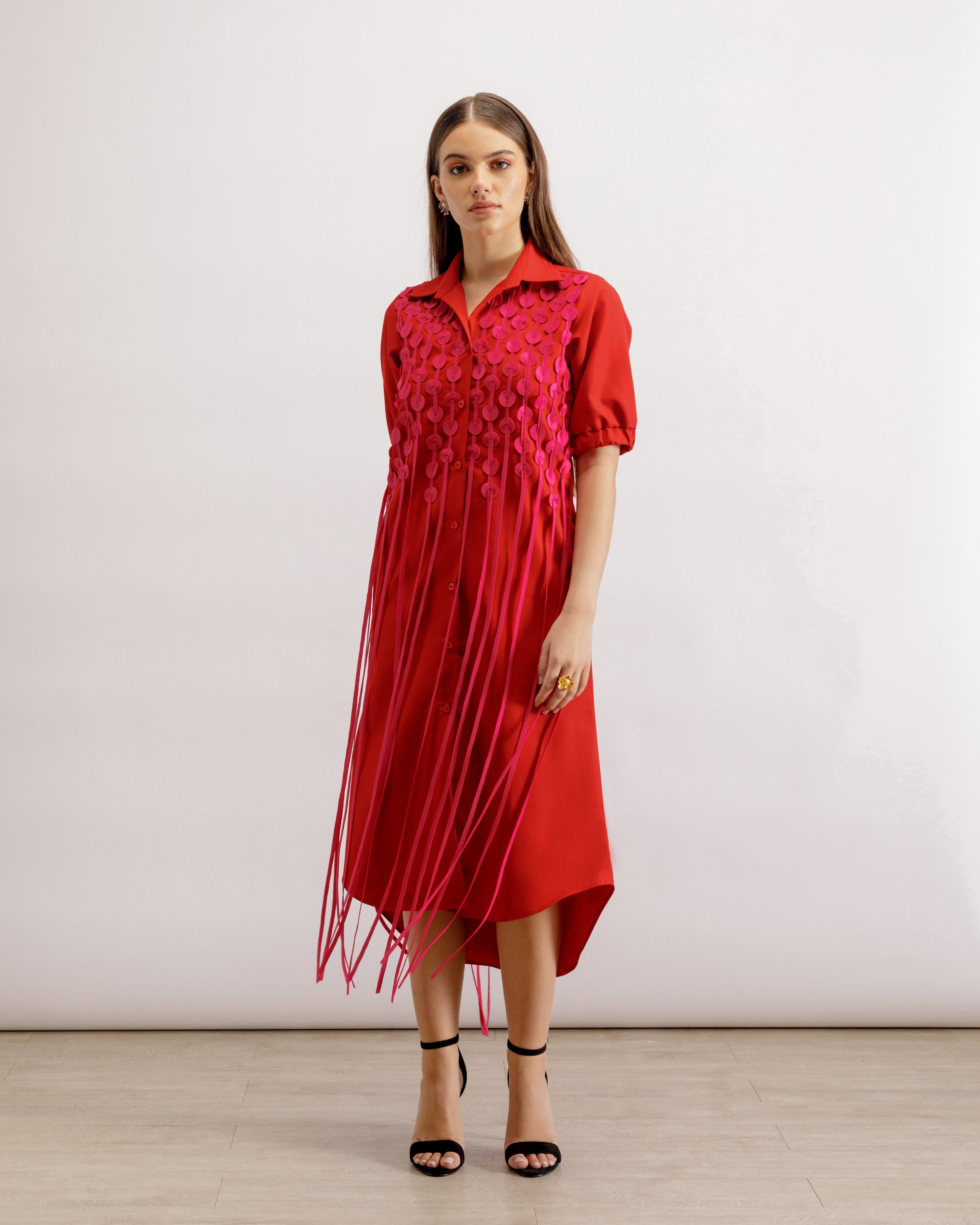 Red Fringe Shirt Dress Iris Fringe Shirt Dress Red PAIVE Paive