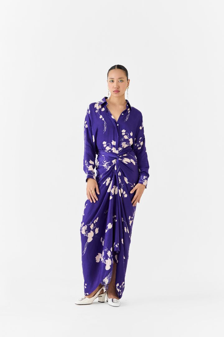 Purple Sakura Draped Shirt Dress